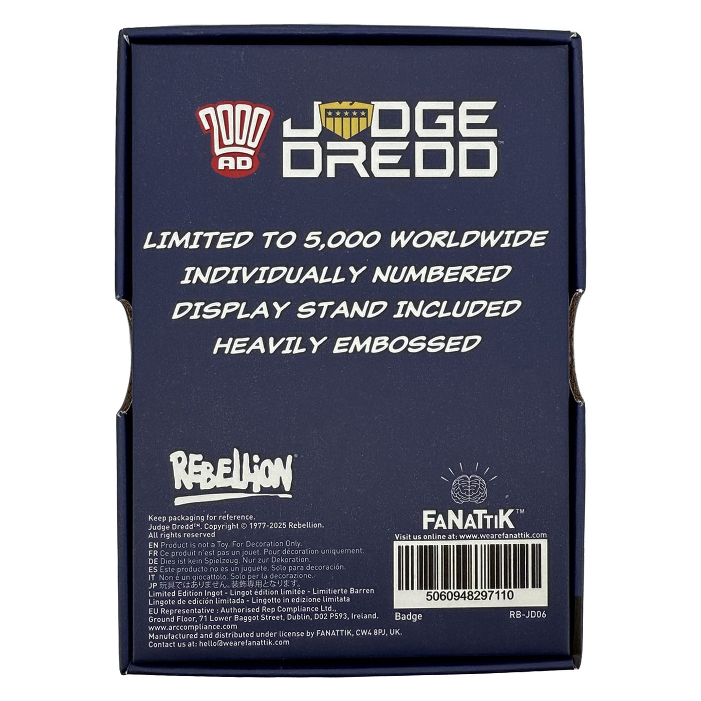 2000 AD Judge Dredd Limited Edition Badge Replica packaging back