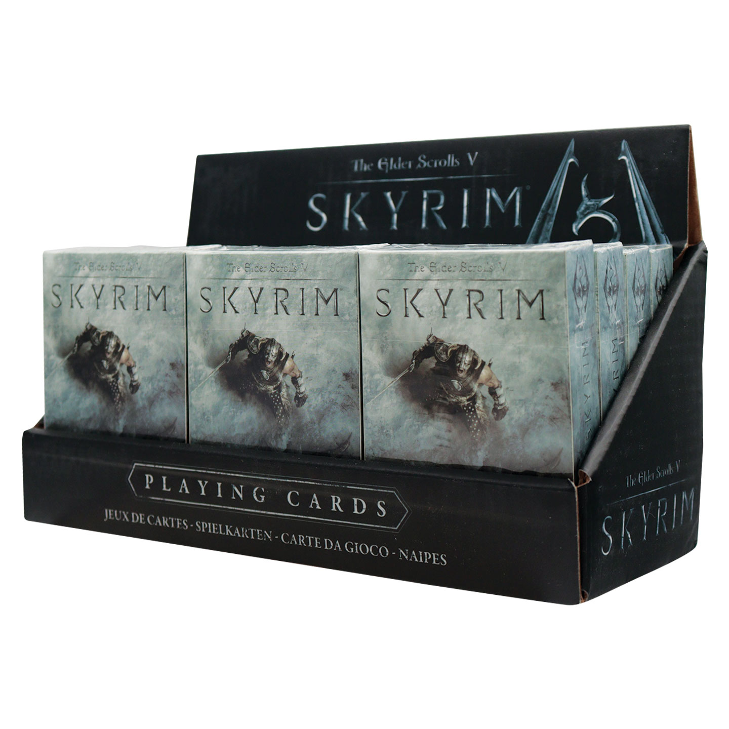 The Elder Scrolls Skyrim Playing Cards CDU Containing 12 Packs angled view