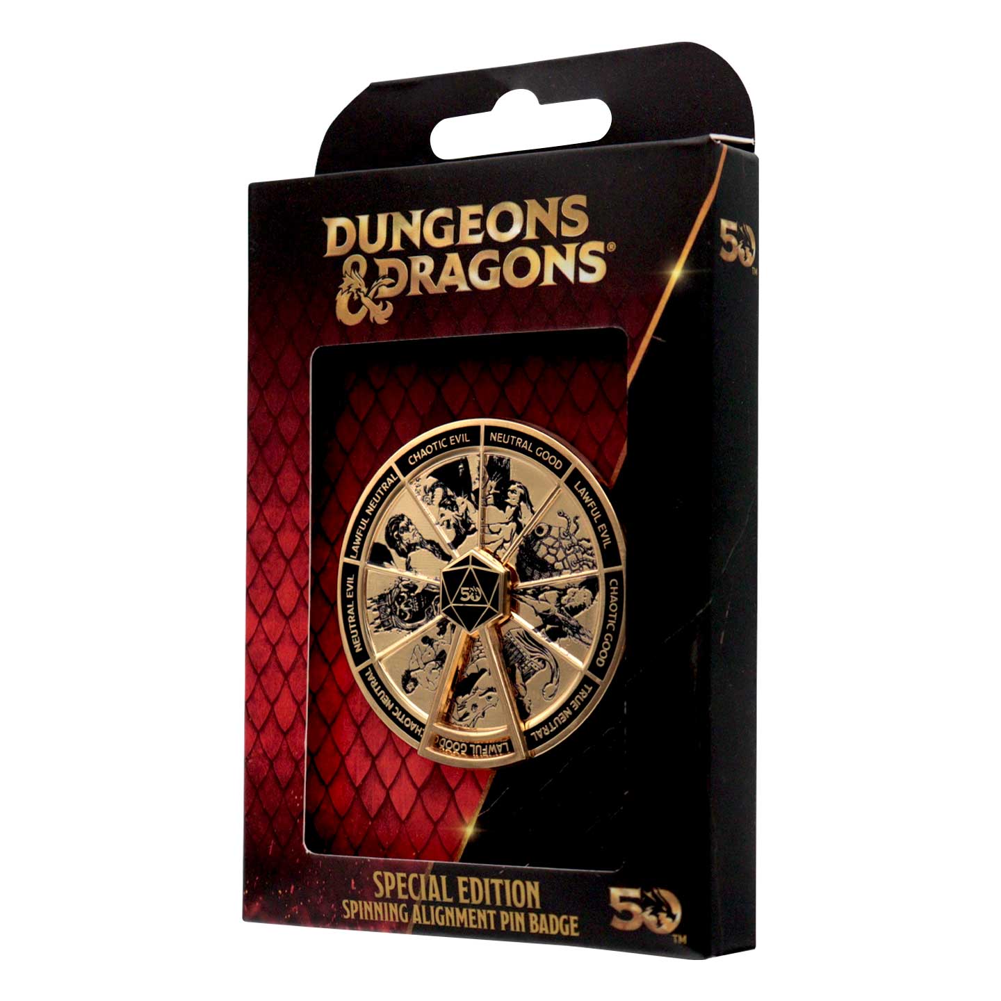 Dungeons & Dragons Gold Coloured Alignment Spinner Pin Badge angled view