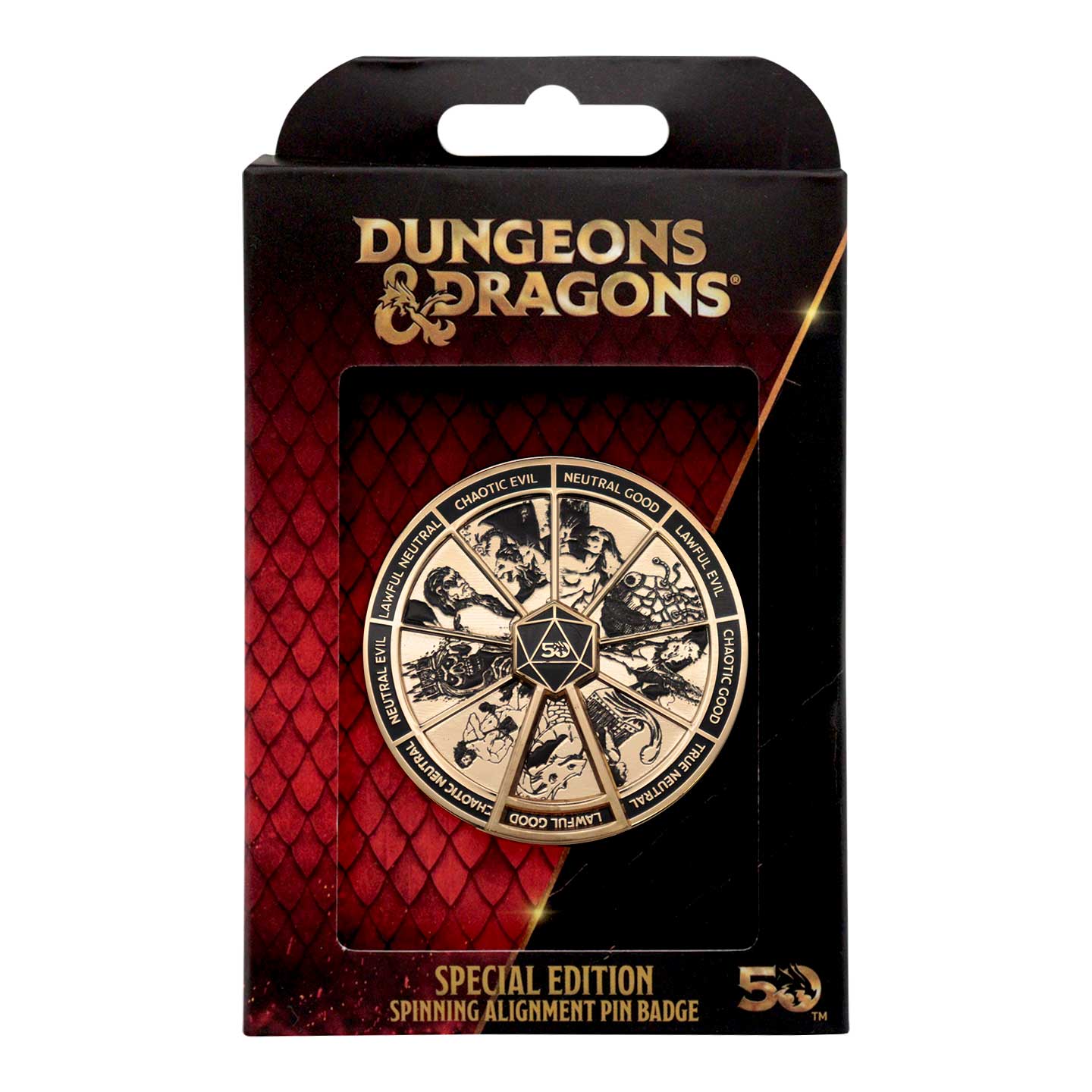 Dungeons & Dragons Gold Coloured Alignment Spinner Pin Badge presentation box front