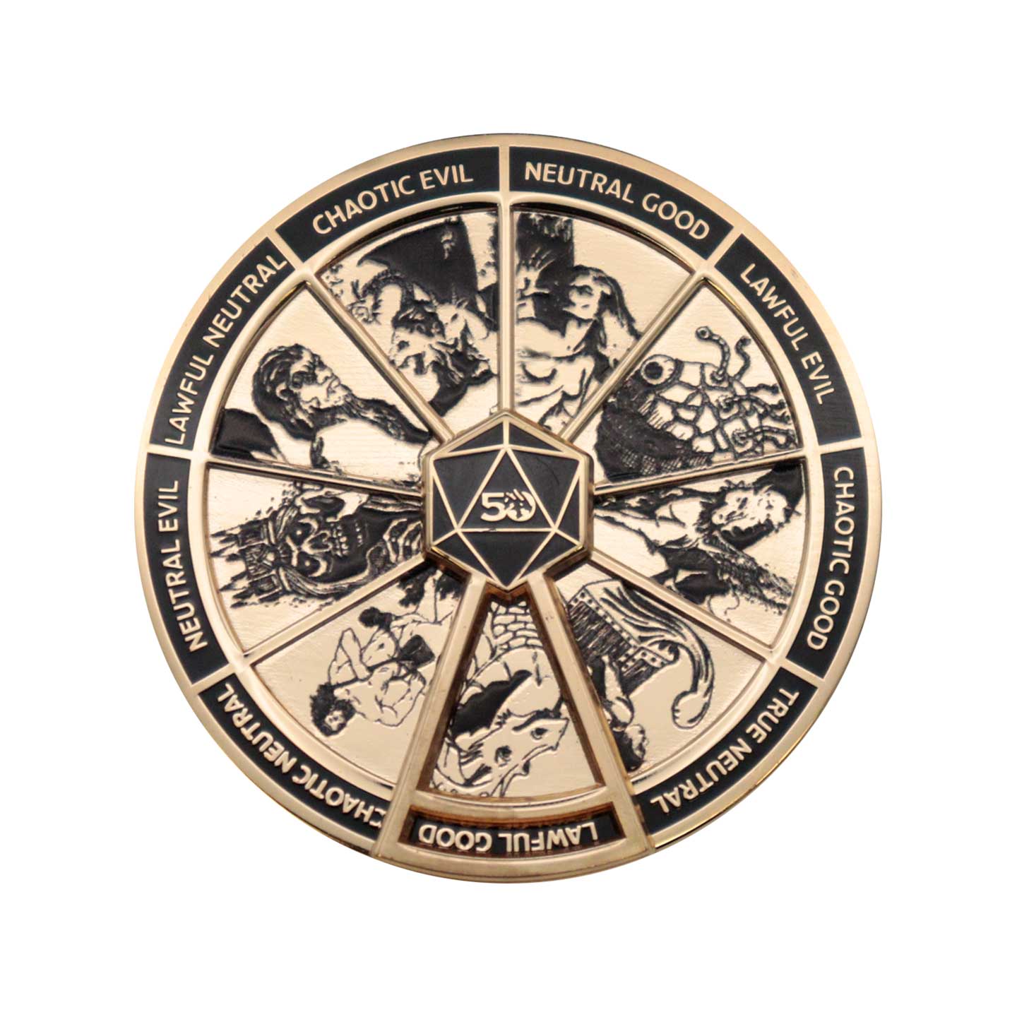 Dungeons & Dragons Gold Coloured Alignment Spinner Pin Badge front view
