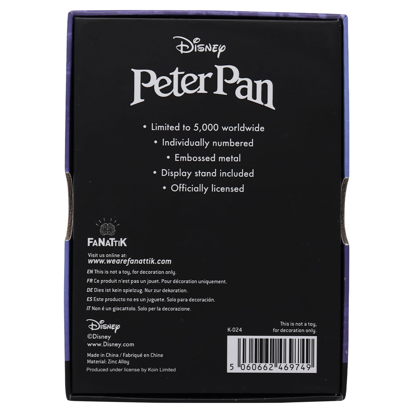 Disney Limited Edition Peter Pan Ingot presentation box back