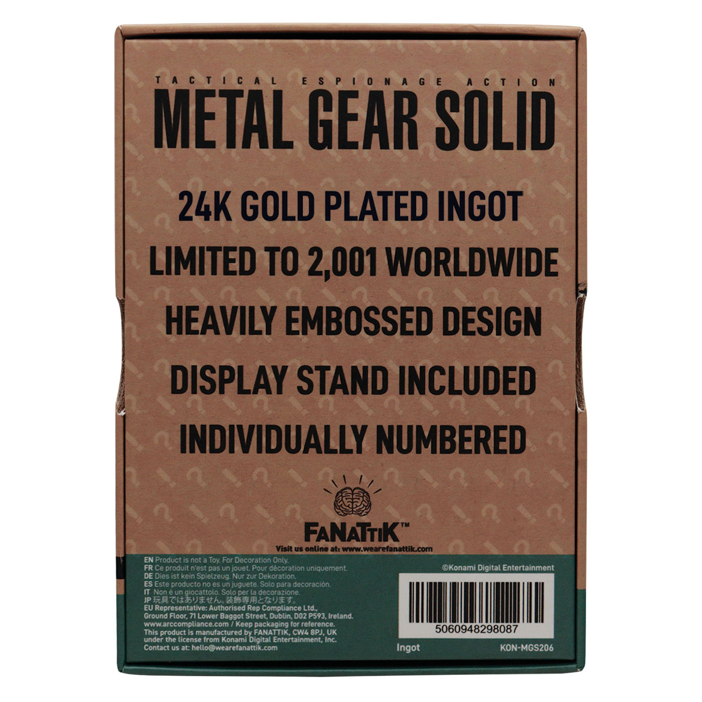Metal Gear Solid 2 Limited Edition 24k Gold Plated Raiden Ingot presentation box back