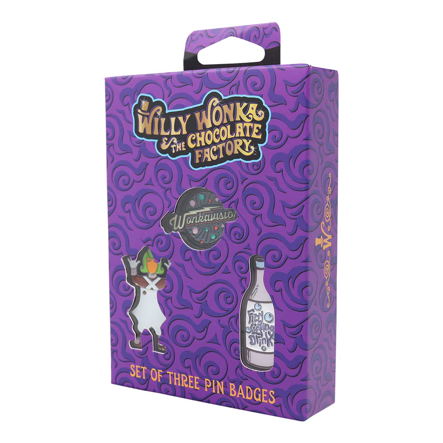 Willy Wonka and the Chocolate Factory Limited Edition Triple Pin Badge Set angled view