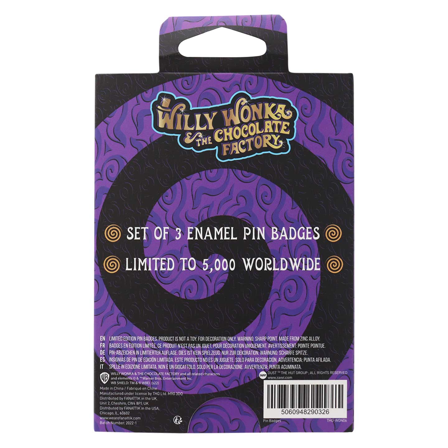 Willy Wonka and the Chocolate Factory Limited Edition Triple Pin Badge Set presentation box back