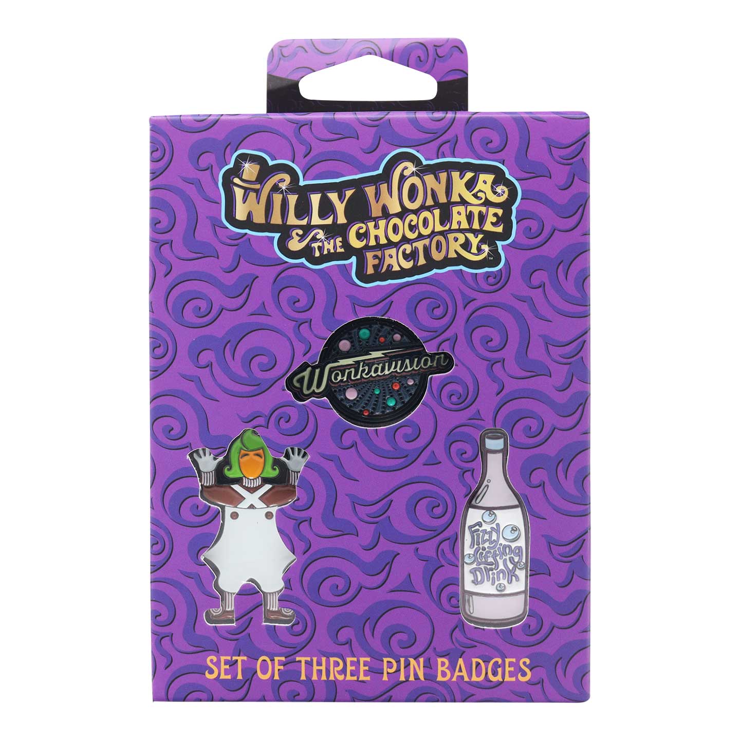Willy Wonka and the Chocolate Factory Limited Edition Triple Pin Badge Set presentation box front