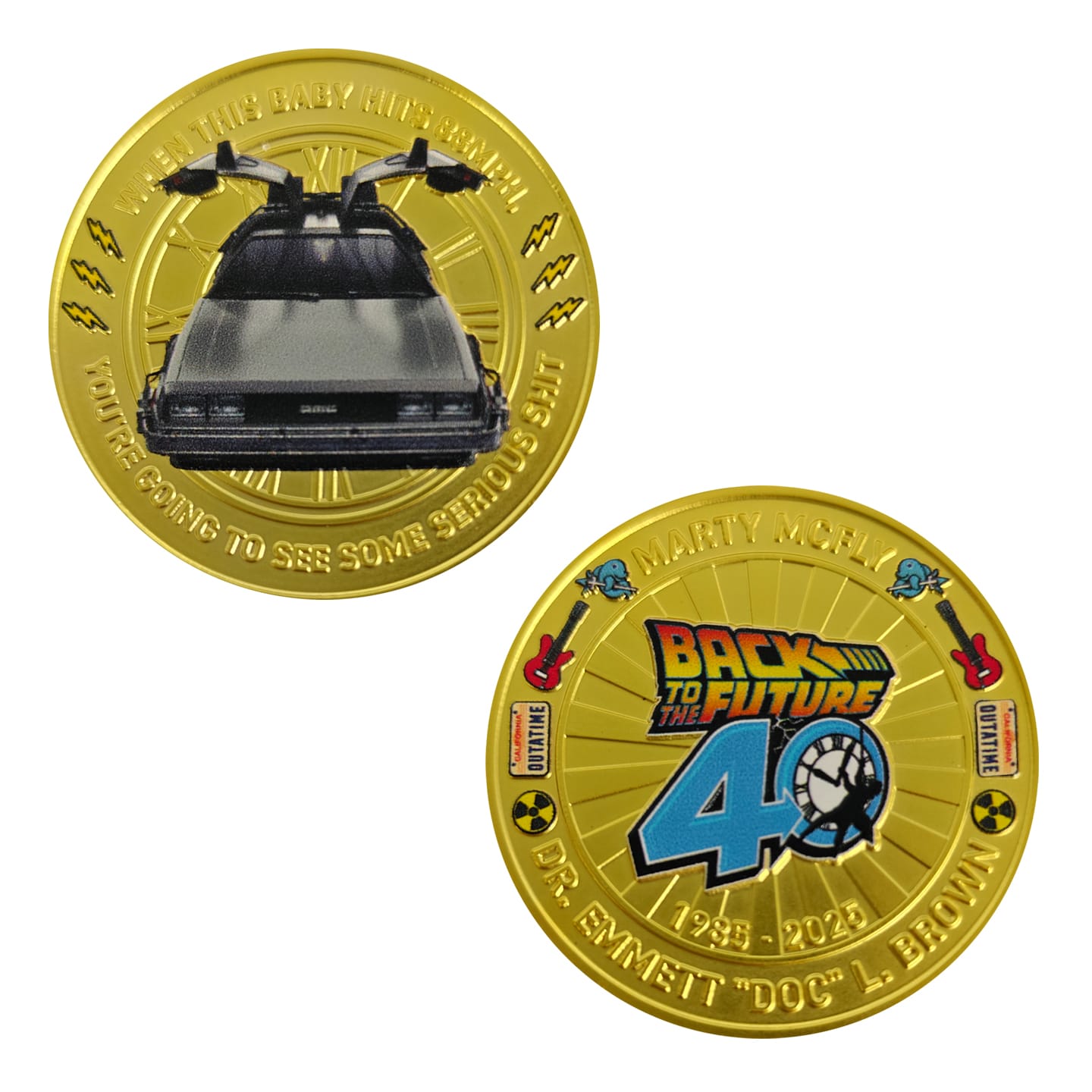 Back to the Future Limited Edition 40th Anniversary Presentation Coin front and back view