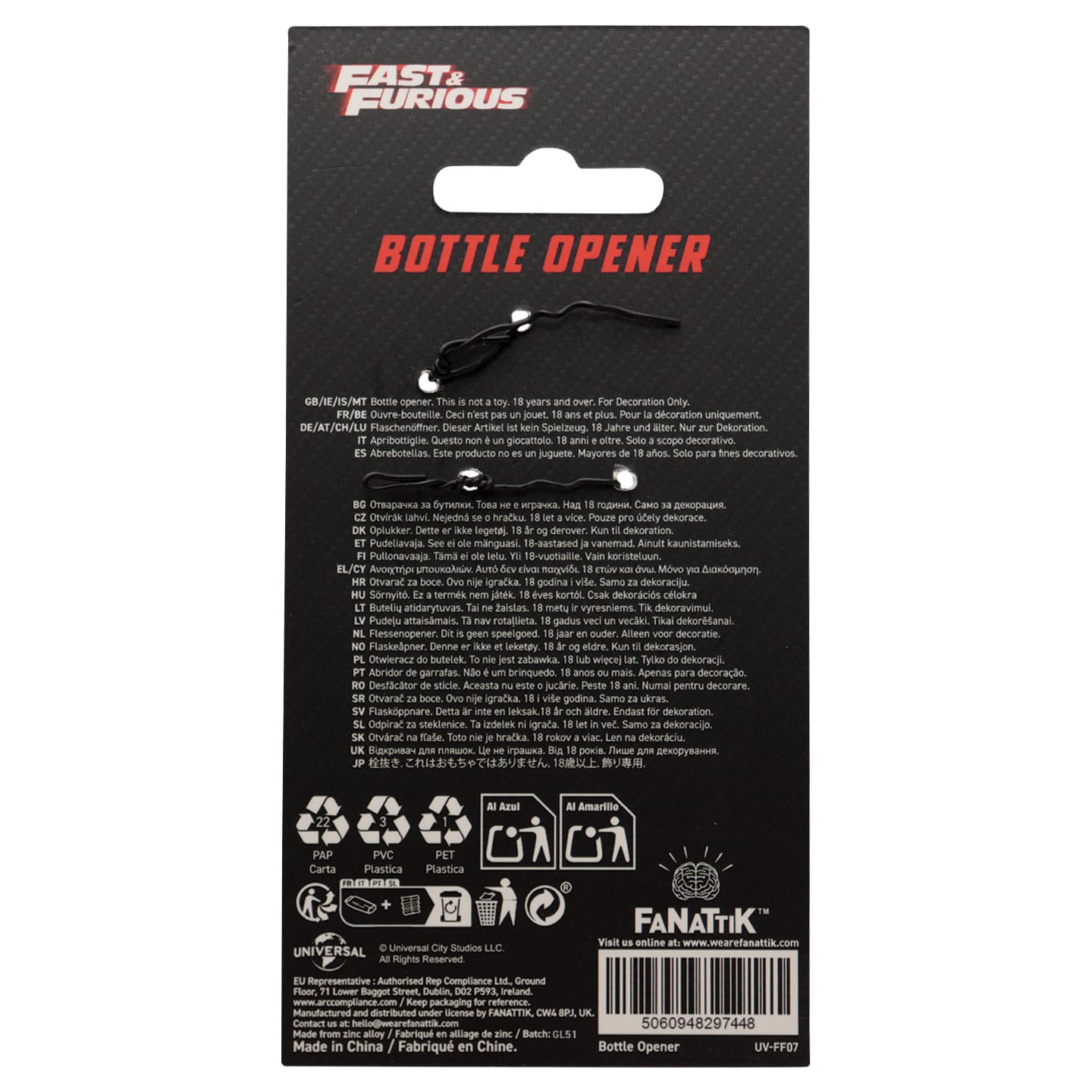 Fast & Furious Magnetic Wrench Bottle Opener packaging back