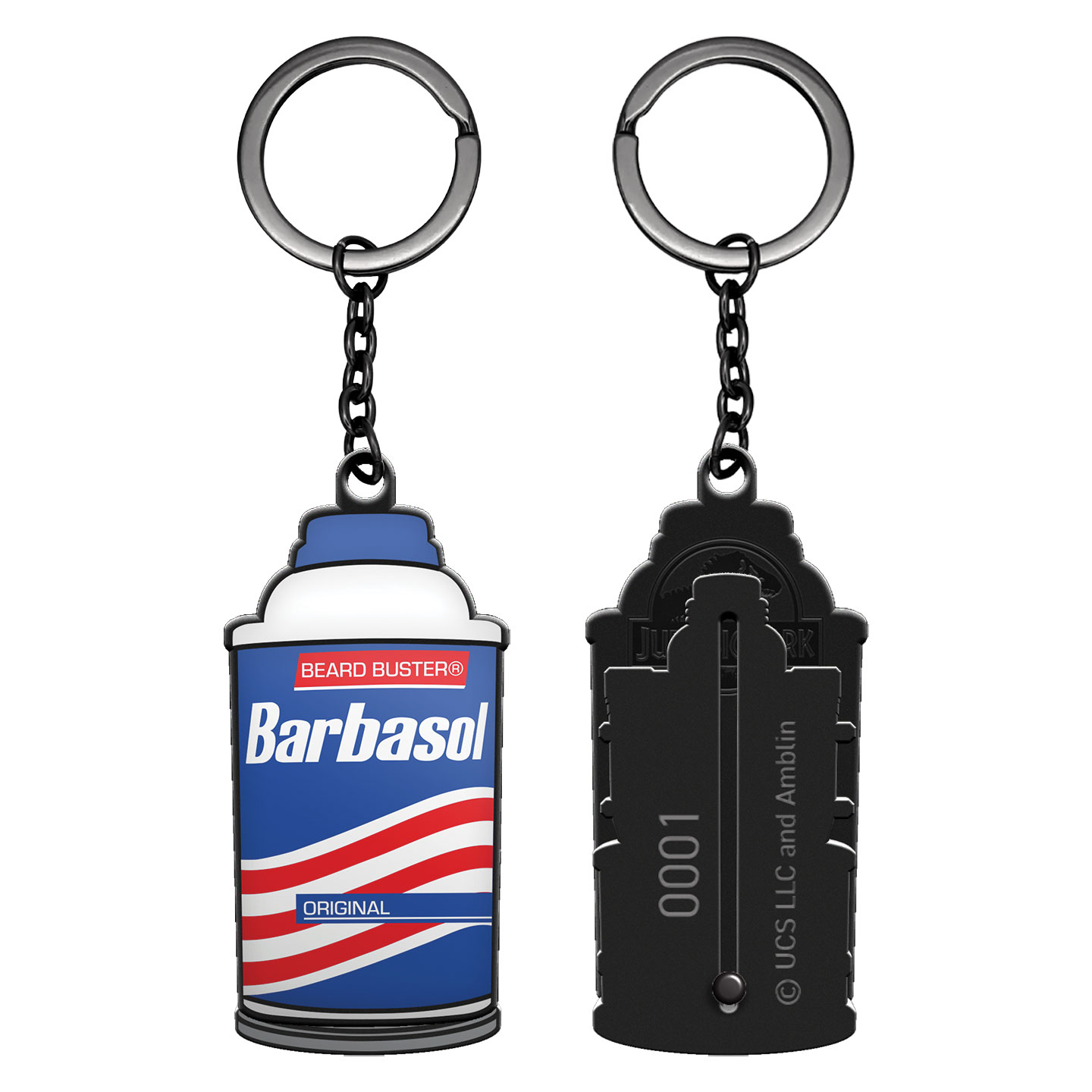 Jurassic Park Limited Edition Sliding Barbasol Can Keyring front and back view
