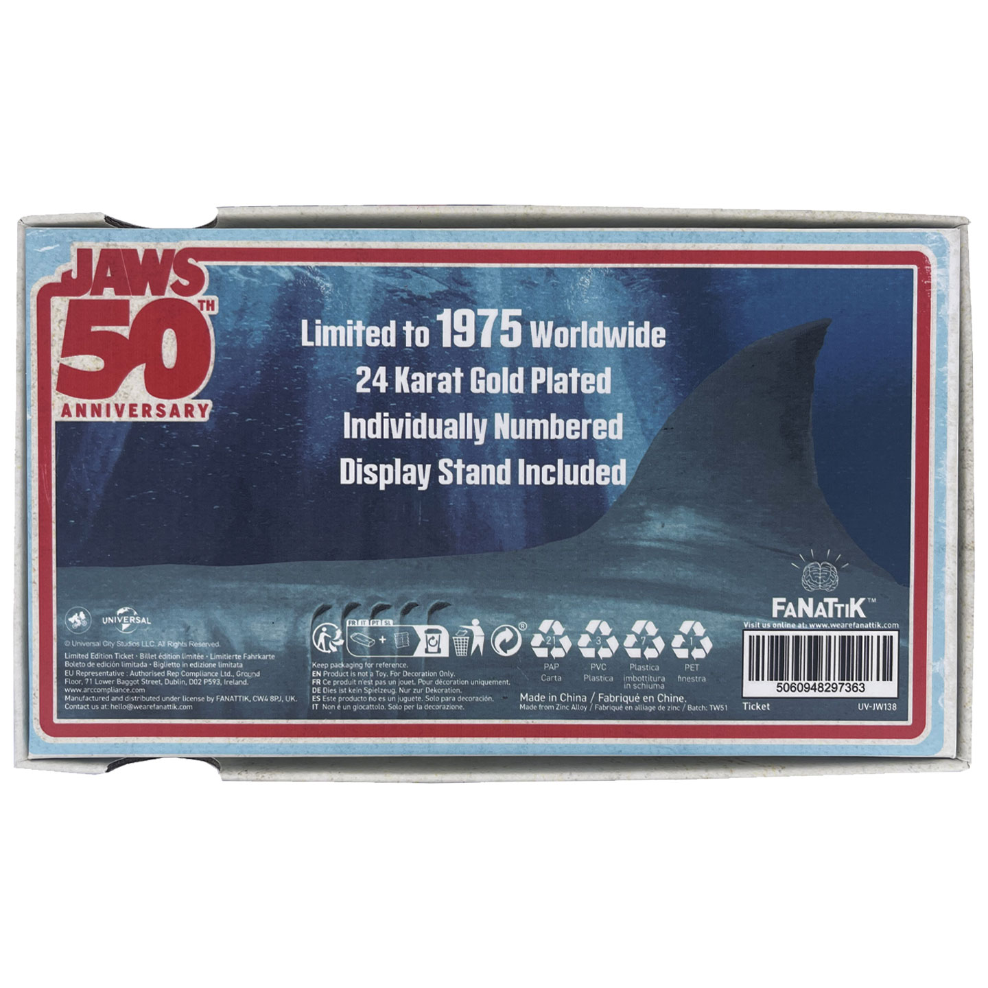Jaws 50th Anniversary 24k Gold Plated Regatta Ticket presentation box back