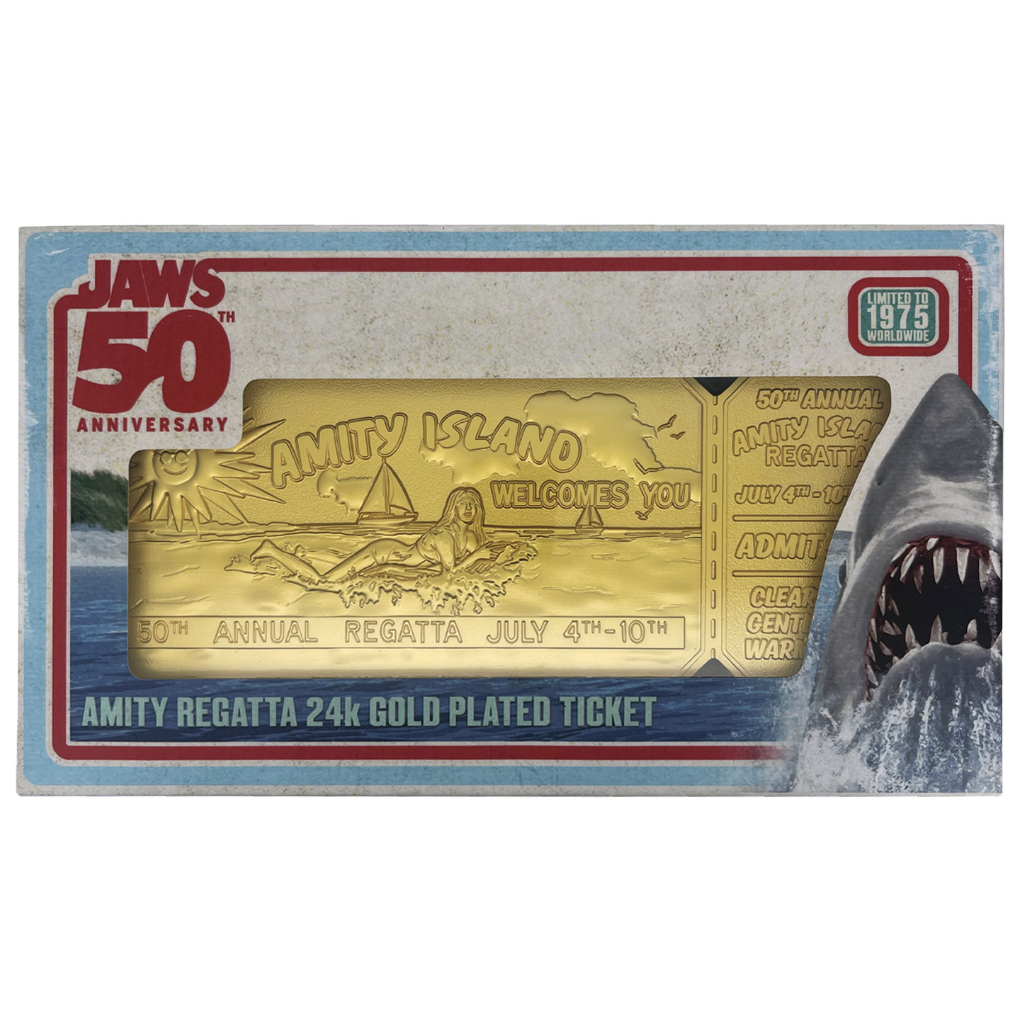 Jaws 50th Anniversary 24k Gold Plated Regatta Ticket presentation box front