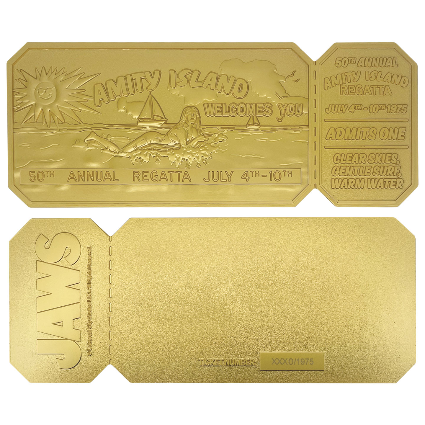 Jaws 50th Anniversary 24k Gold Plated Regatta Ticket front and back view