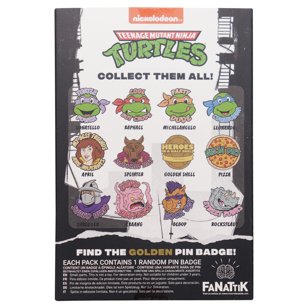 Teenage Mutant Ninja Turtles Mystery Pin Badge CDU Containing 12 Blind Boxes presentation box back