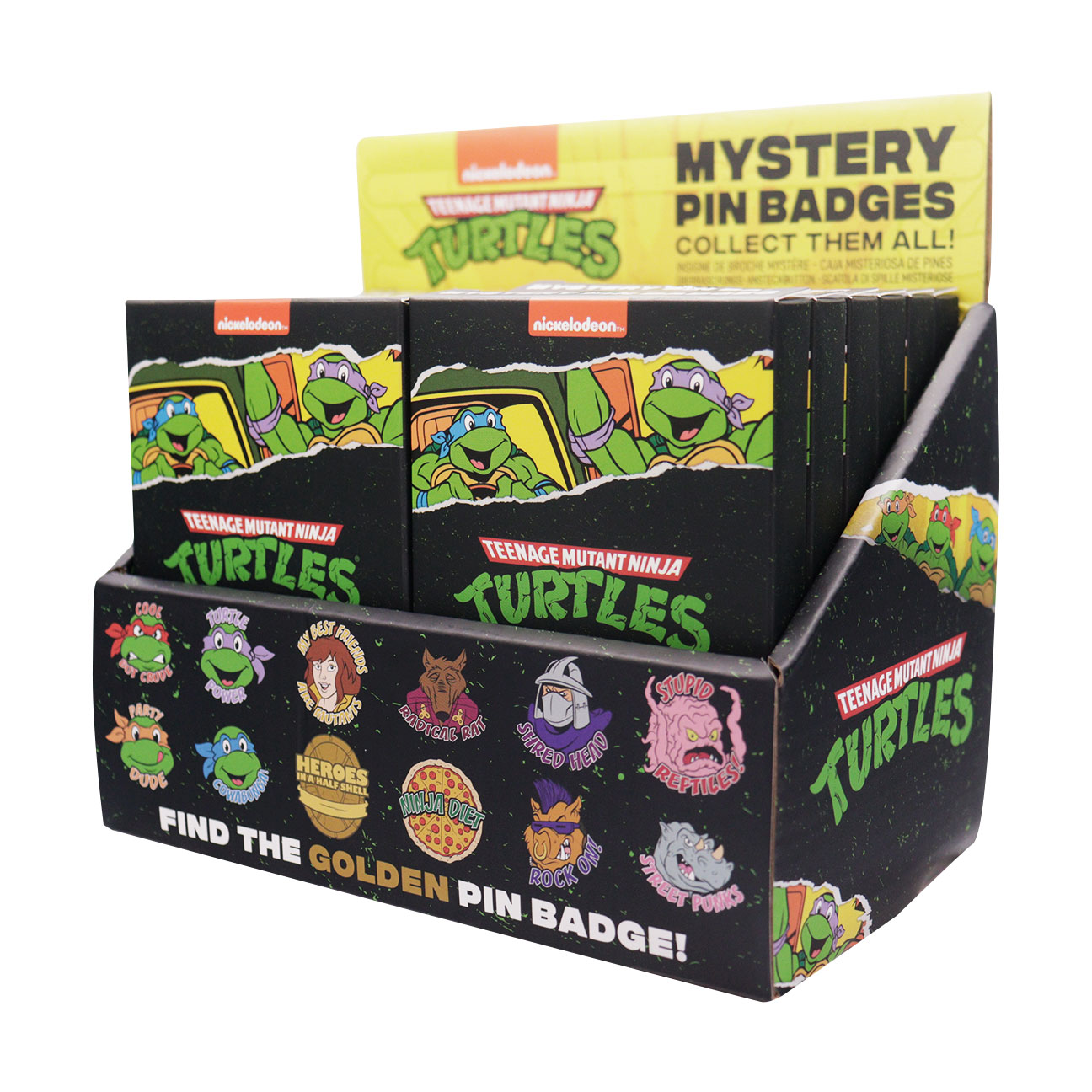 Teenage Mutant Ninja Turtles Mystery Pin Badge CDU Containing 12 Blind Boxes angled view
